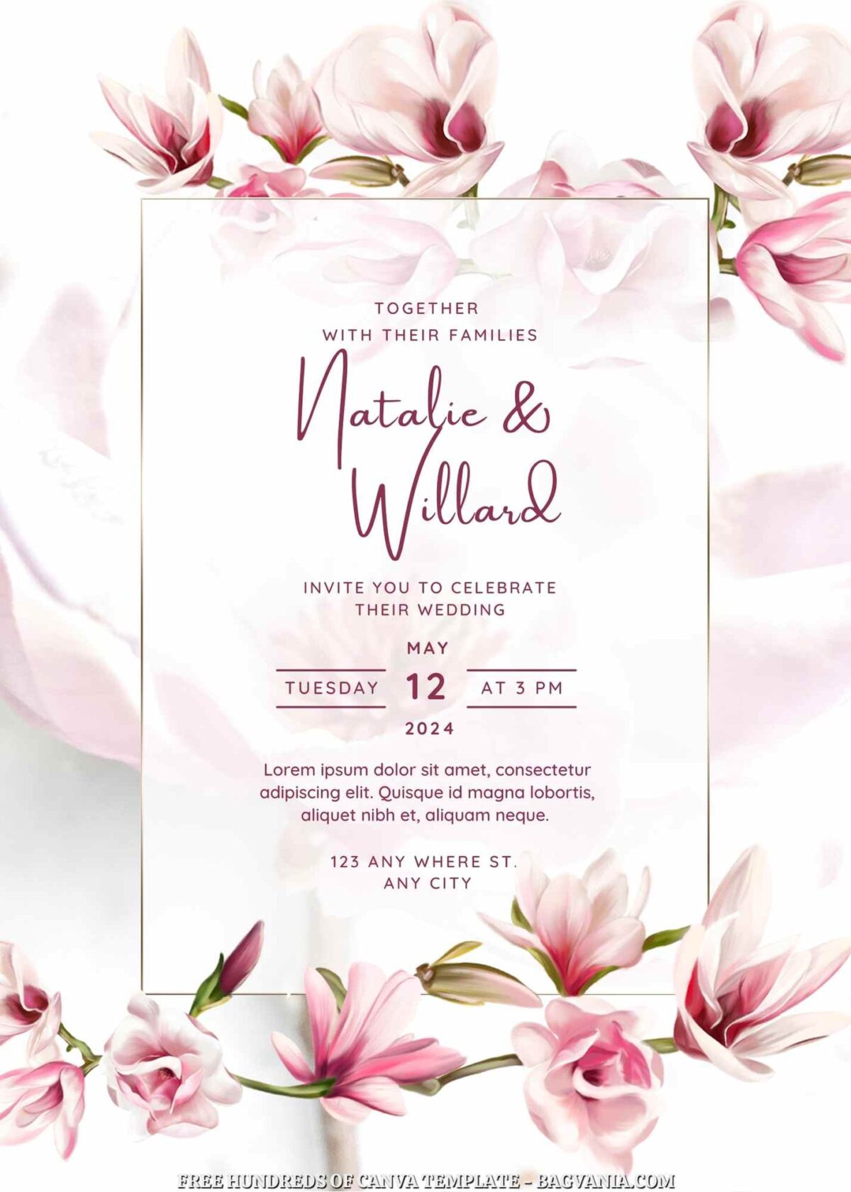 Free Editable Magnolia Pink Floral Wedding Invitation