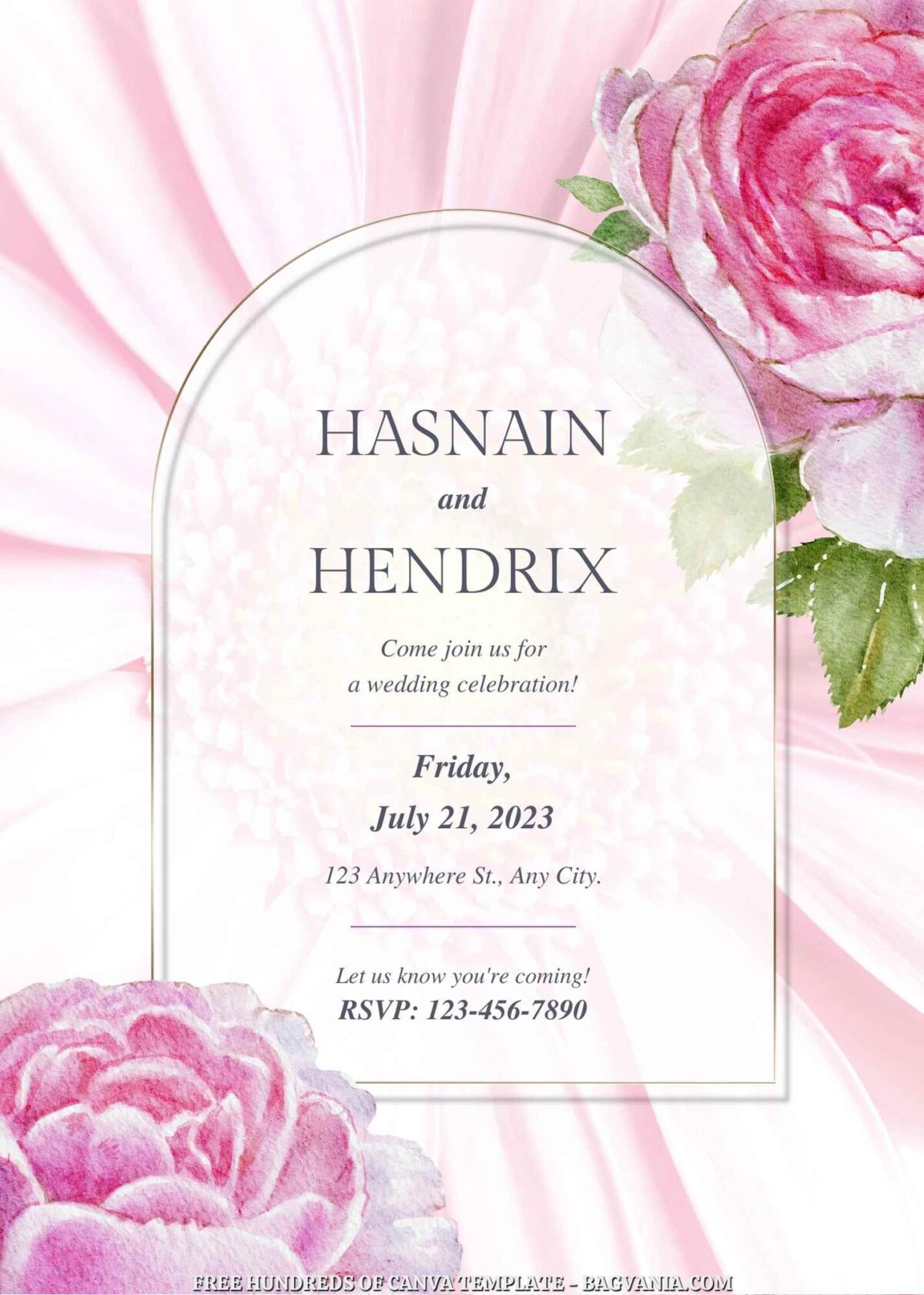 Free Editable Pink Rose Watercolor Wedding Invitation