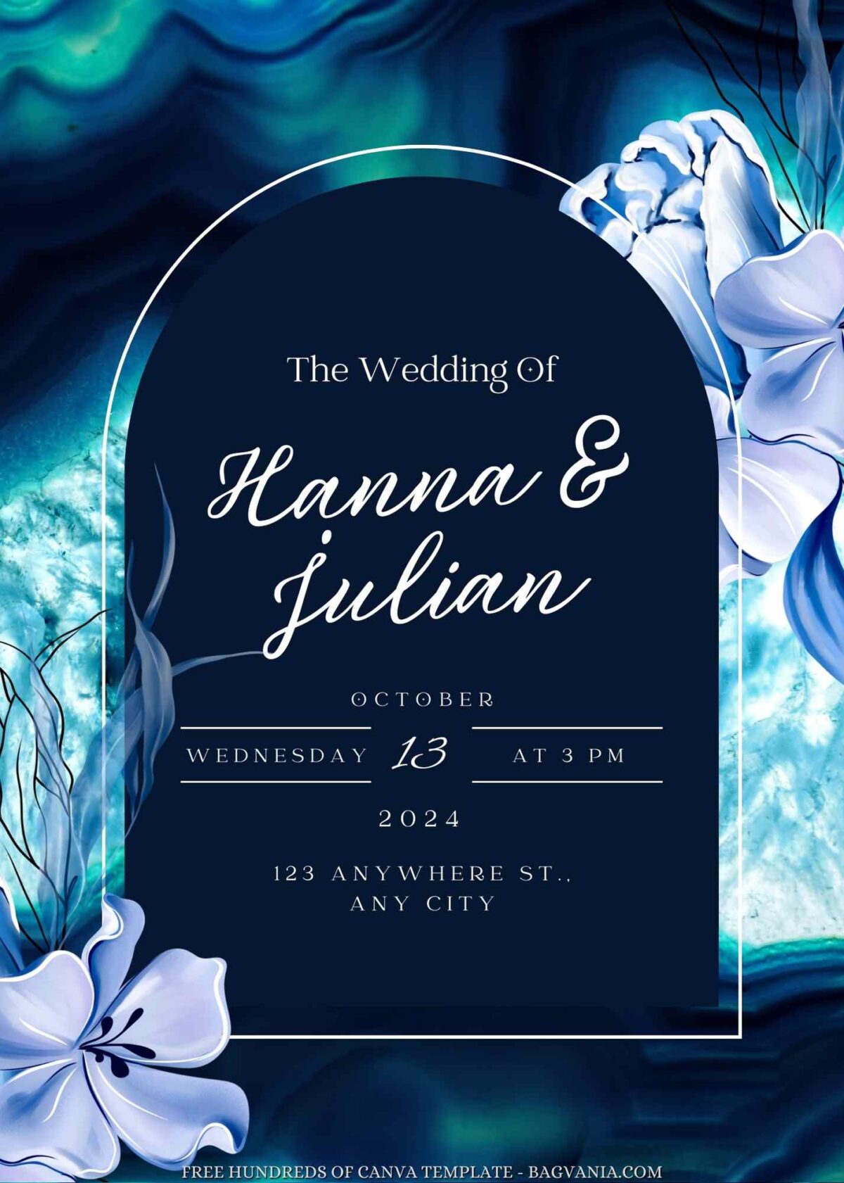 Free Editable Watercolor Blue Flower Wedding Invitation 