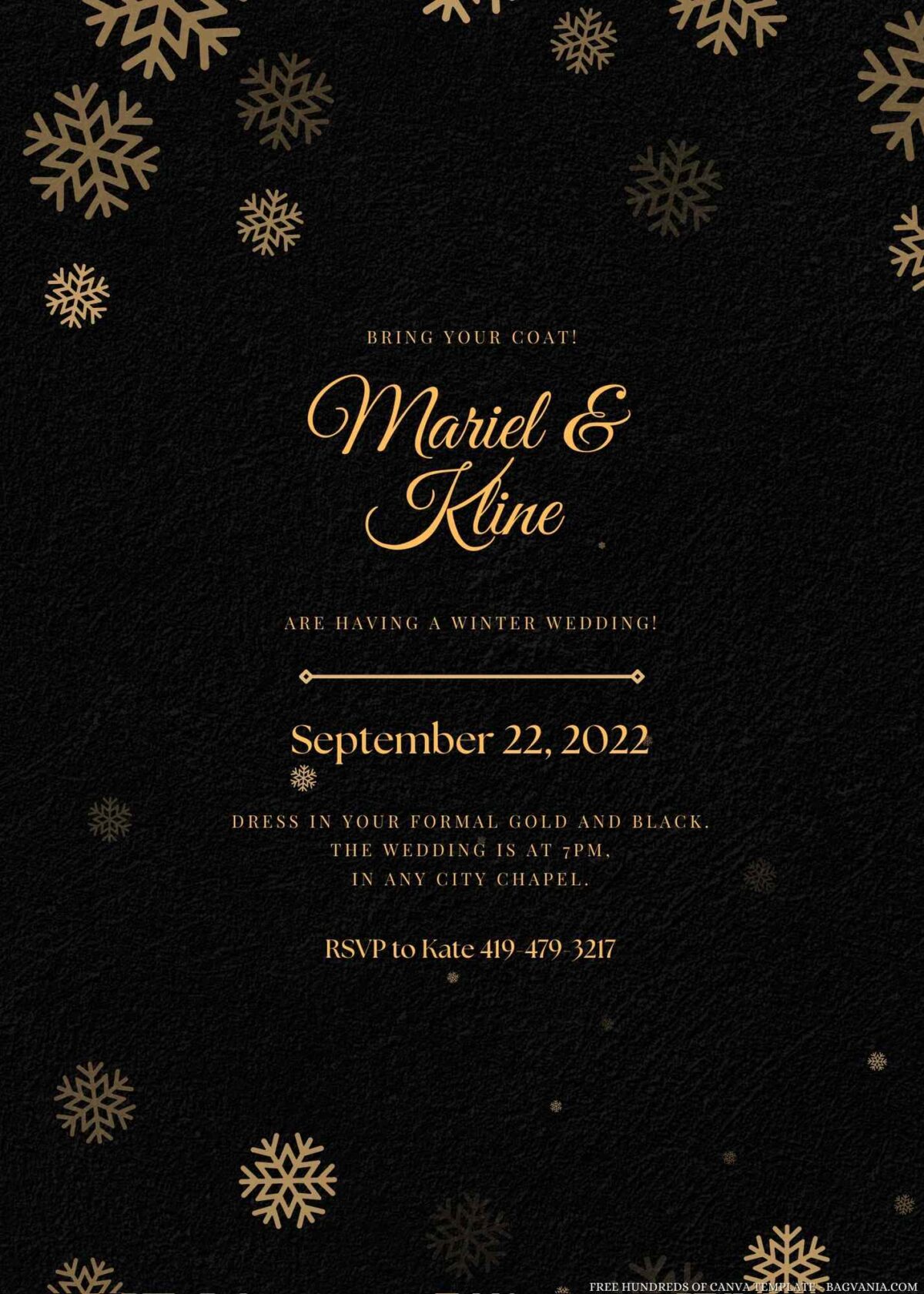 Free Editable Snow Gold Black Background Wedding Invitation