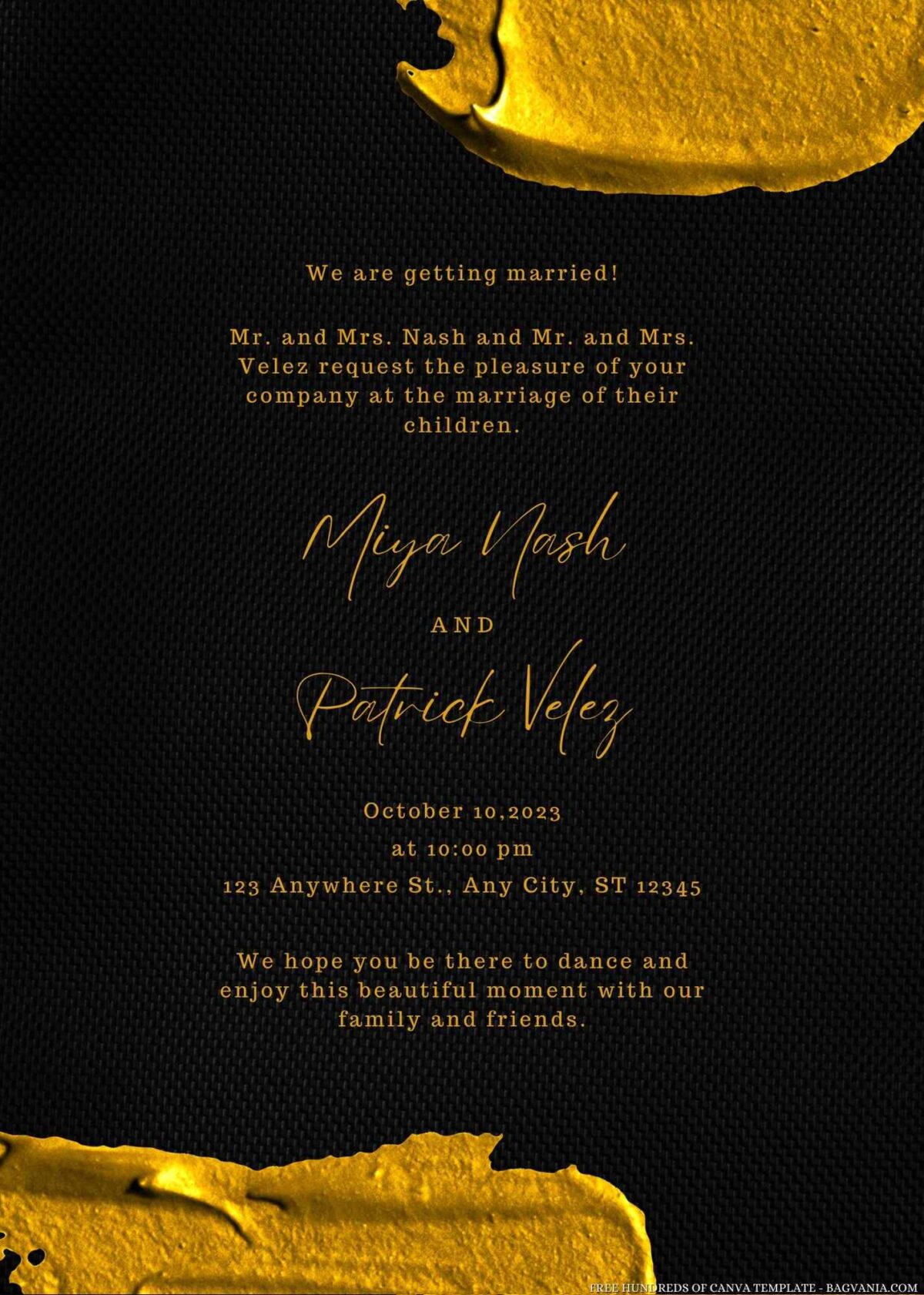 Free Editable Realistic Black Gold Smudge Wedding Invitation