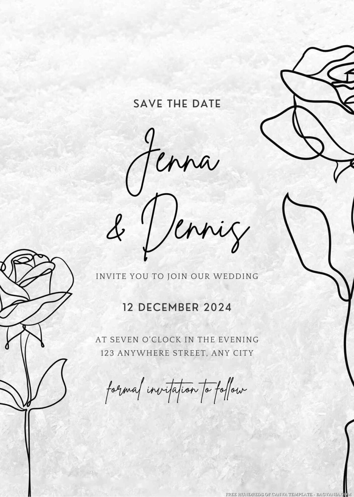 Free Editable Rose Line Art White Wedding Invitation 
