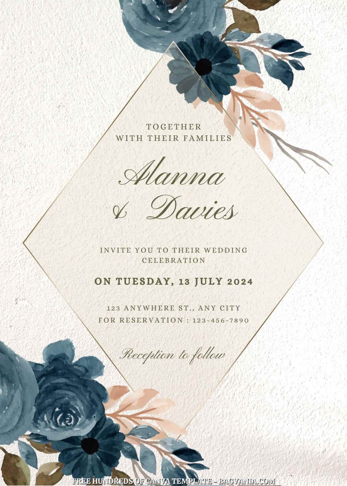 Free Editable Blue Floral Illustration Wedding Invitation