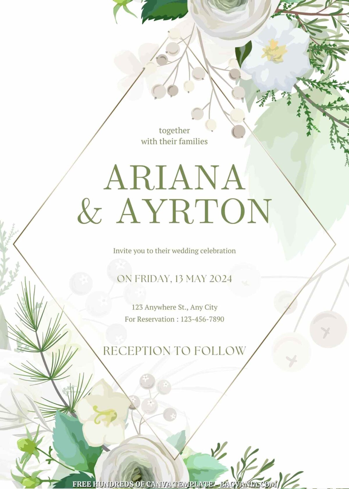 Free Editable Green Winter Floral Wedding Invitation