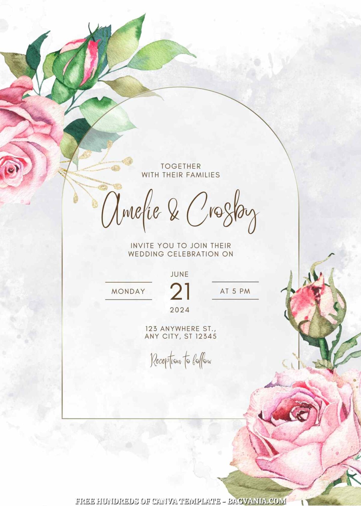 Free Editable Gray Pink Floral Watercolor Wedding Invitation