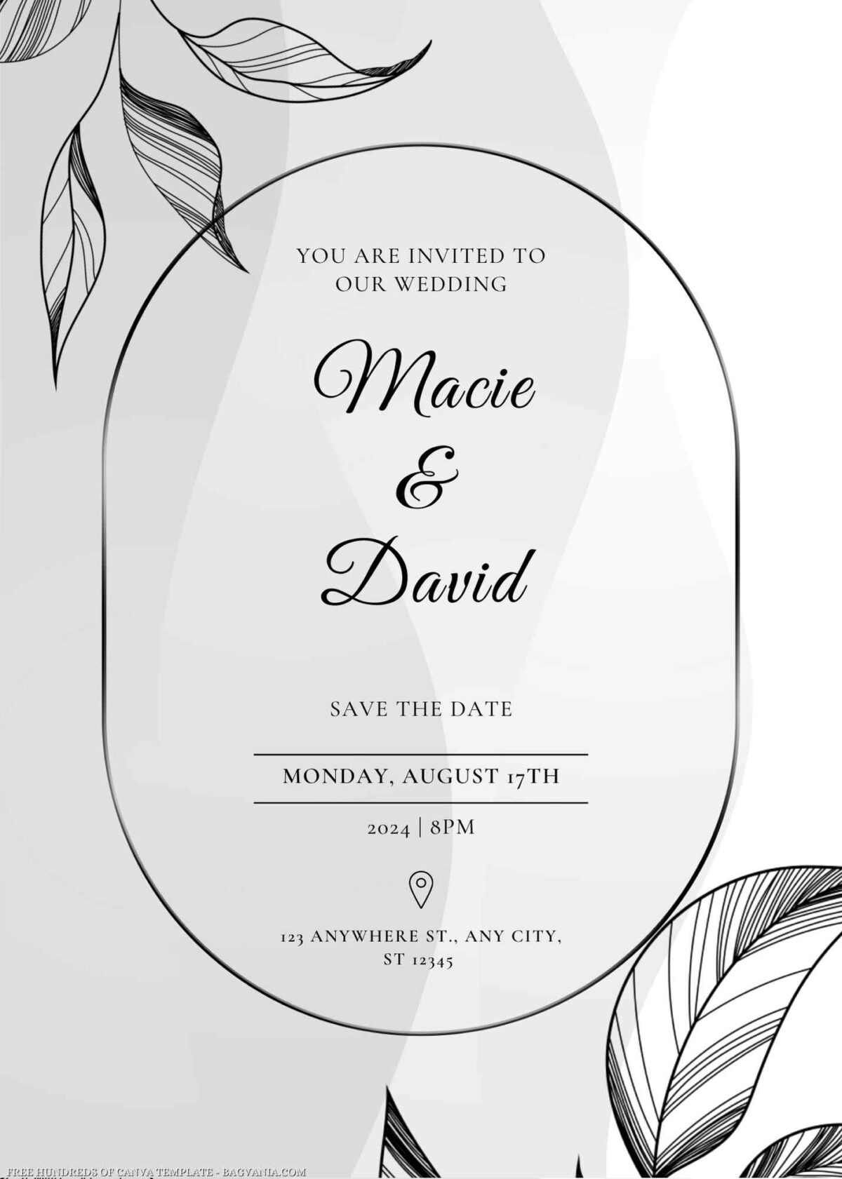 Free Editable Black Leaf Hand Drawn Wedding Invitation