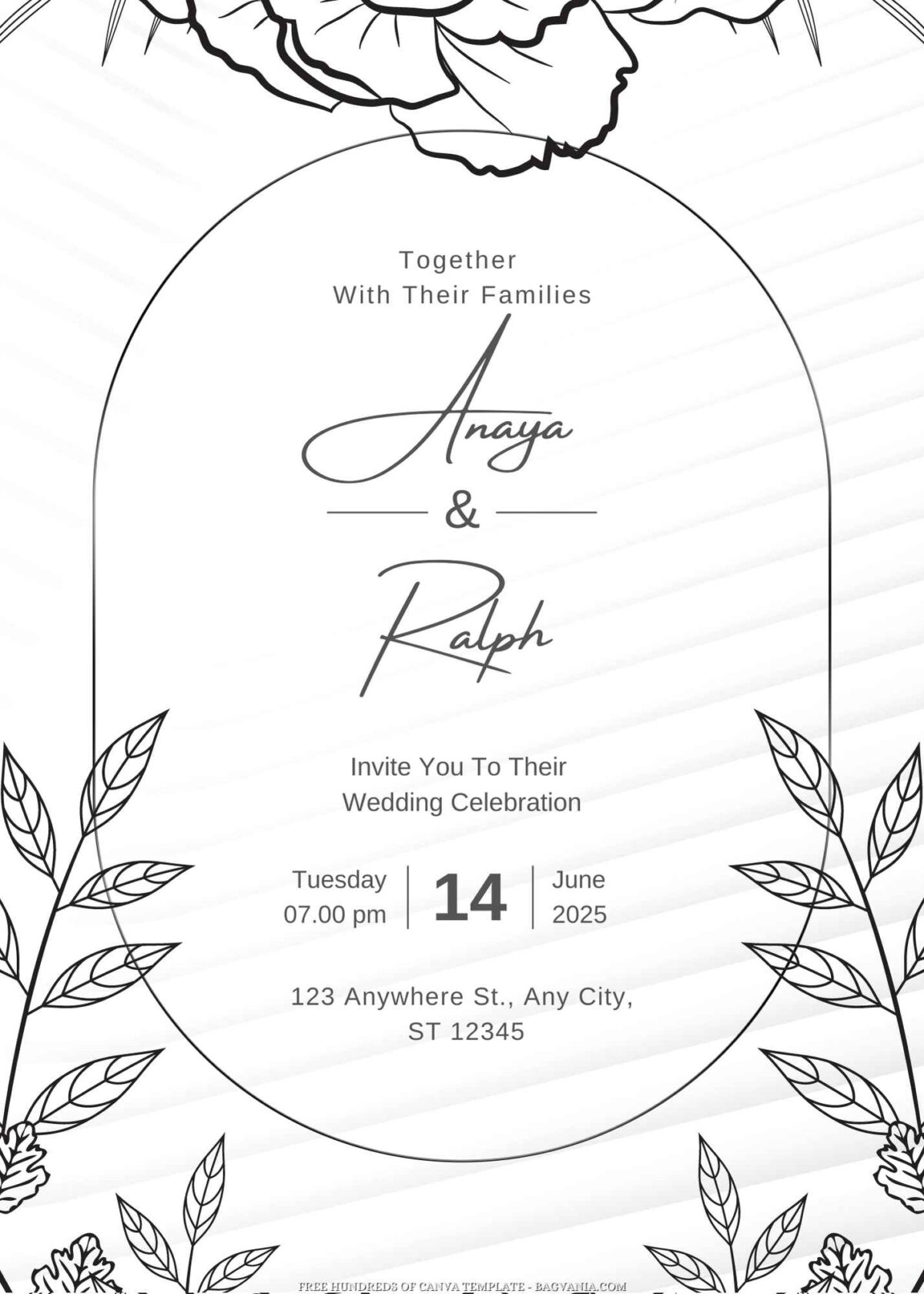 Free Editable Doodle Floral Black Line Wedding Invitation