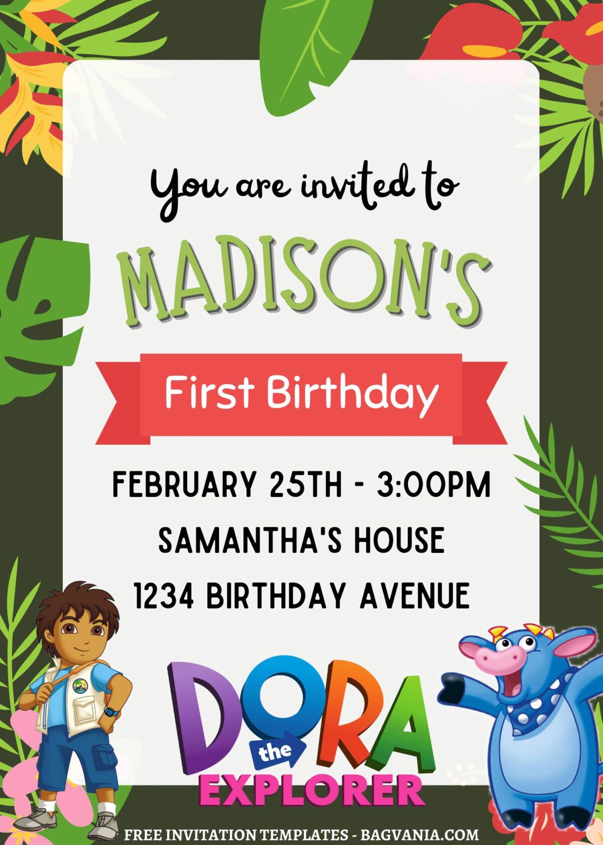 10+ Greenery Jungle Dora Canva Birthday Invitation Templates with Diego