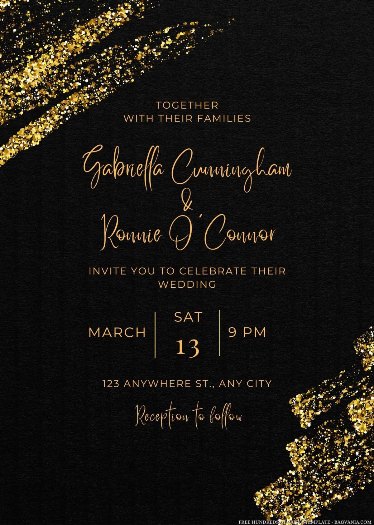 Free Editable Hand Drawn Gold Glitter Wedding Invitation