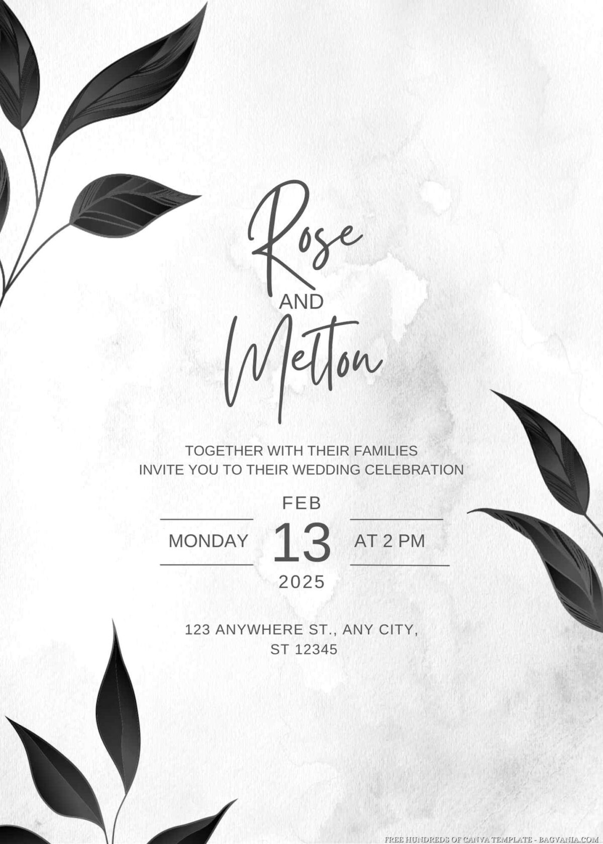 Free Editable Black Elegant Leaf Wedding Invitation