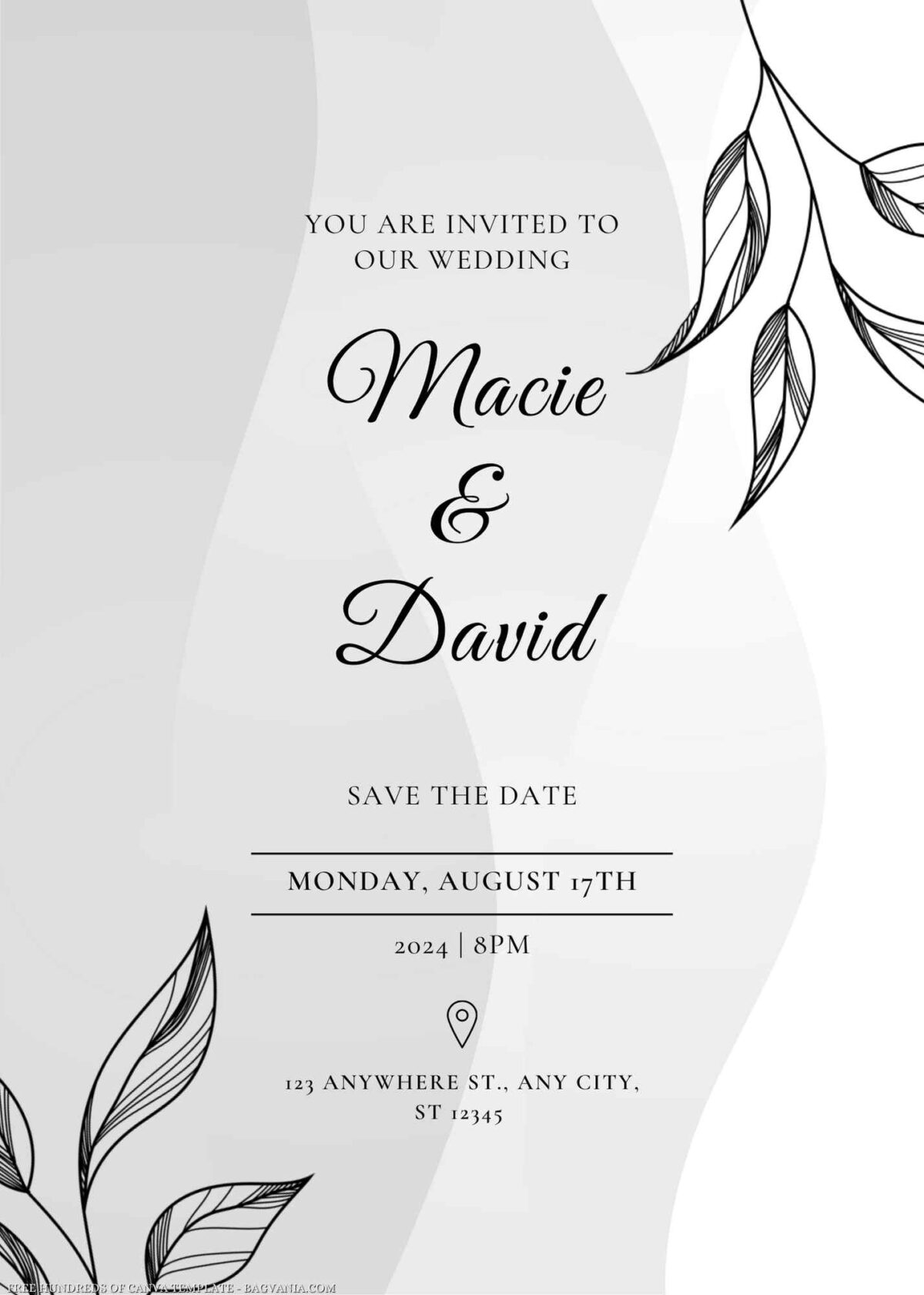 Free Editable Black Leaf Hand Drawn Wedding Invitation