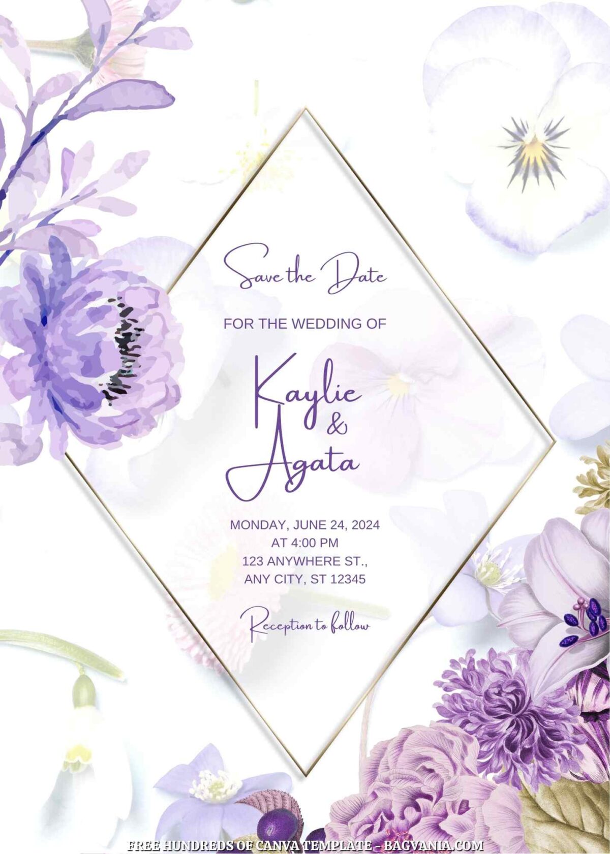 Free Editable Purple Spring Floral Wedding Invitation