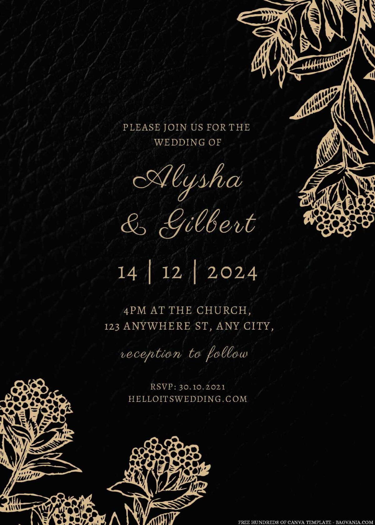 Free Editable Black Line Gold Floral Wedding Invitation 
