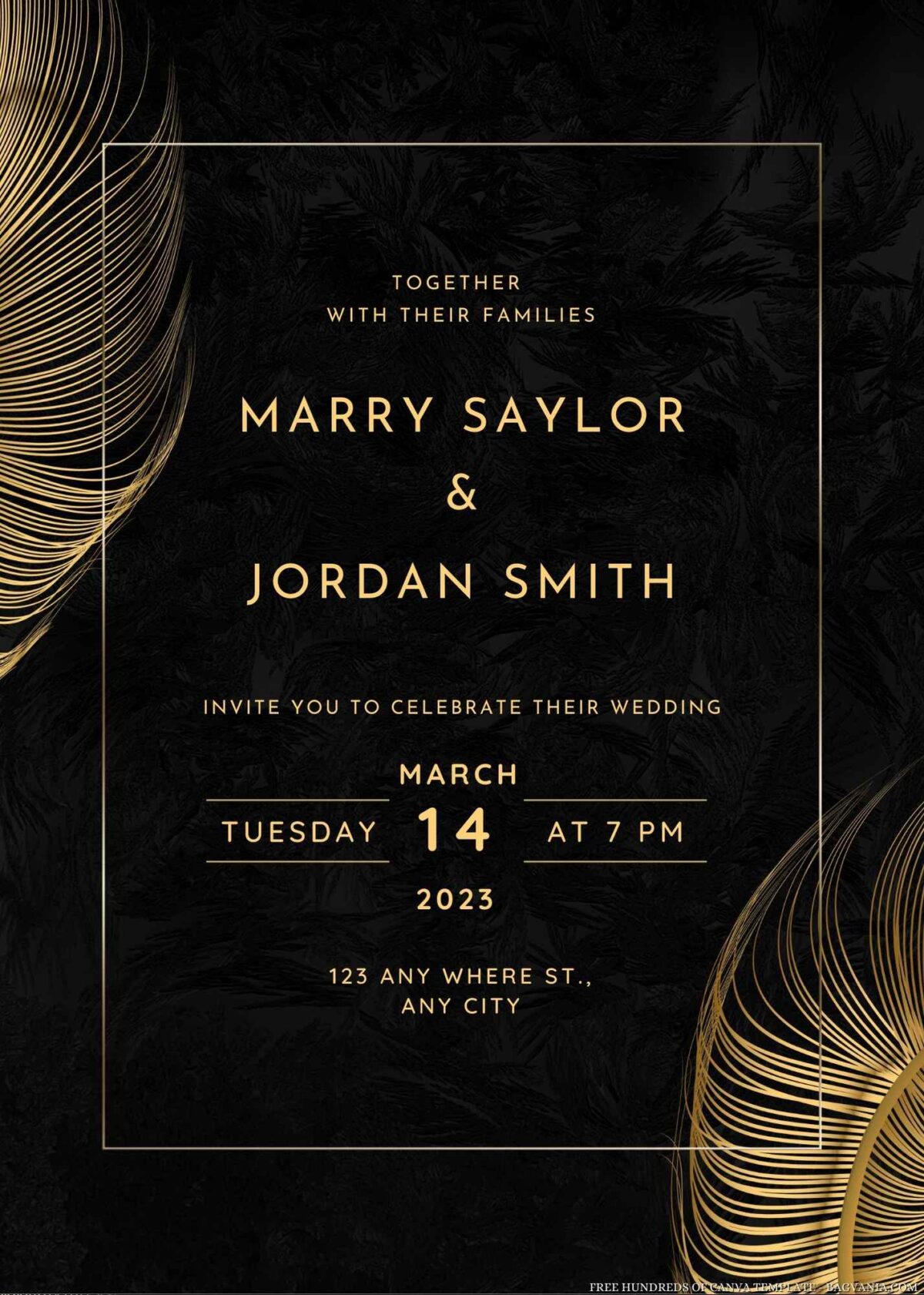 Free Editable Gold Feather Wedding Invitation