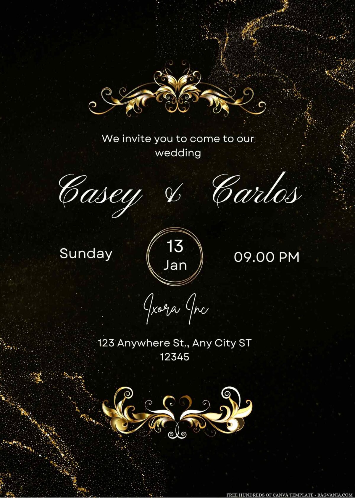 Free Editable Gold Glitter Black Background Wedding Invitation