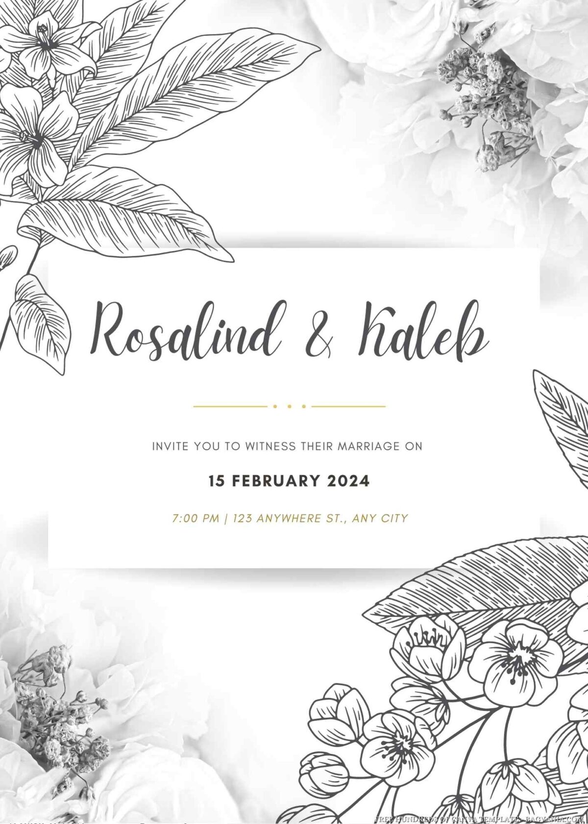 Free Editable Floral Black And White Wedding Invitation