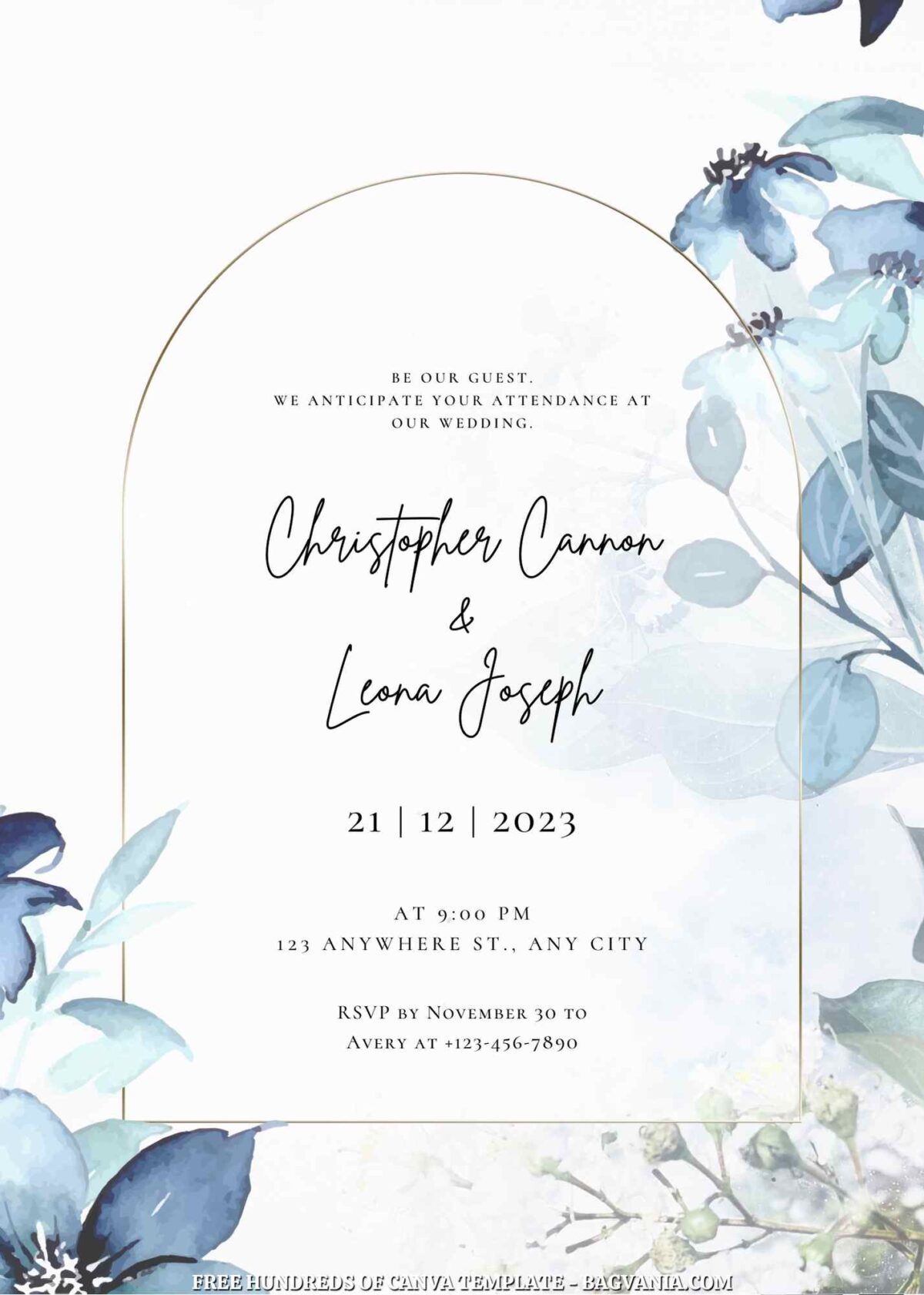 Free Editable Blue Floral Arrangement Wedding Invitation