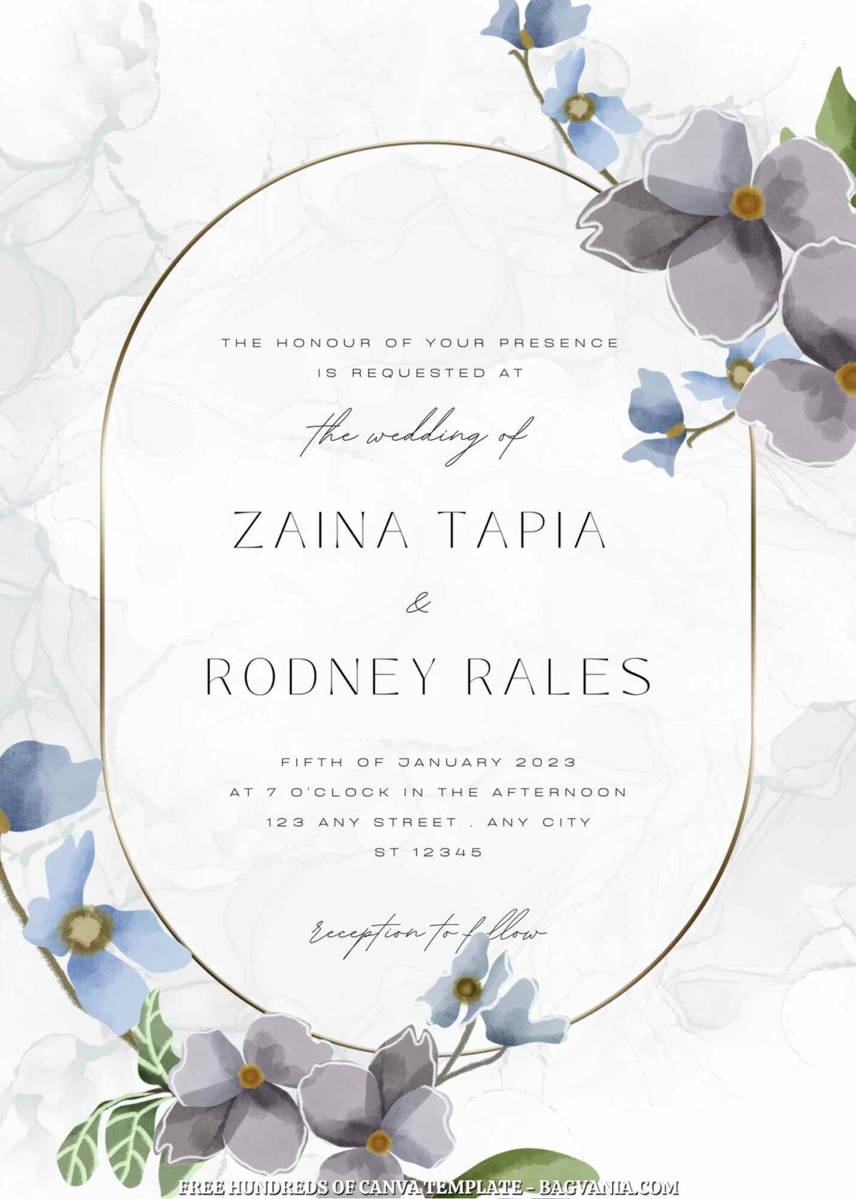 Free Editable Grey and Blue Floral Wedding Invitation