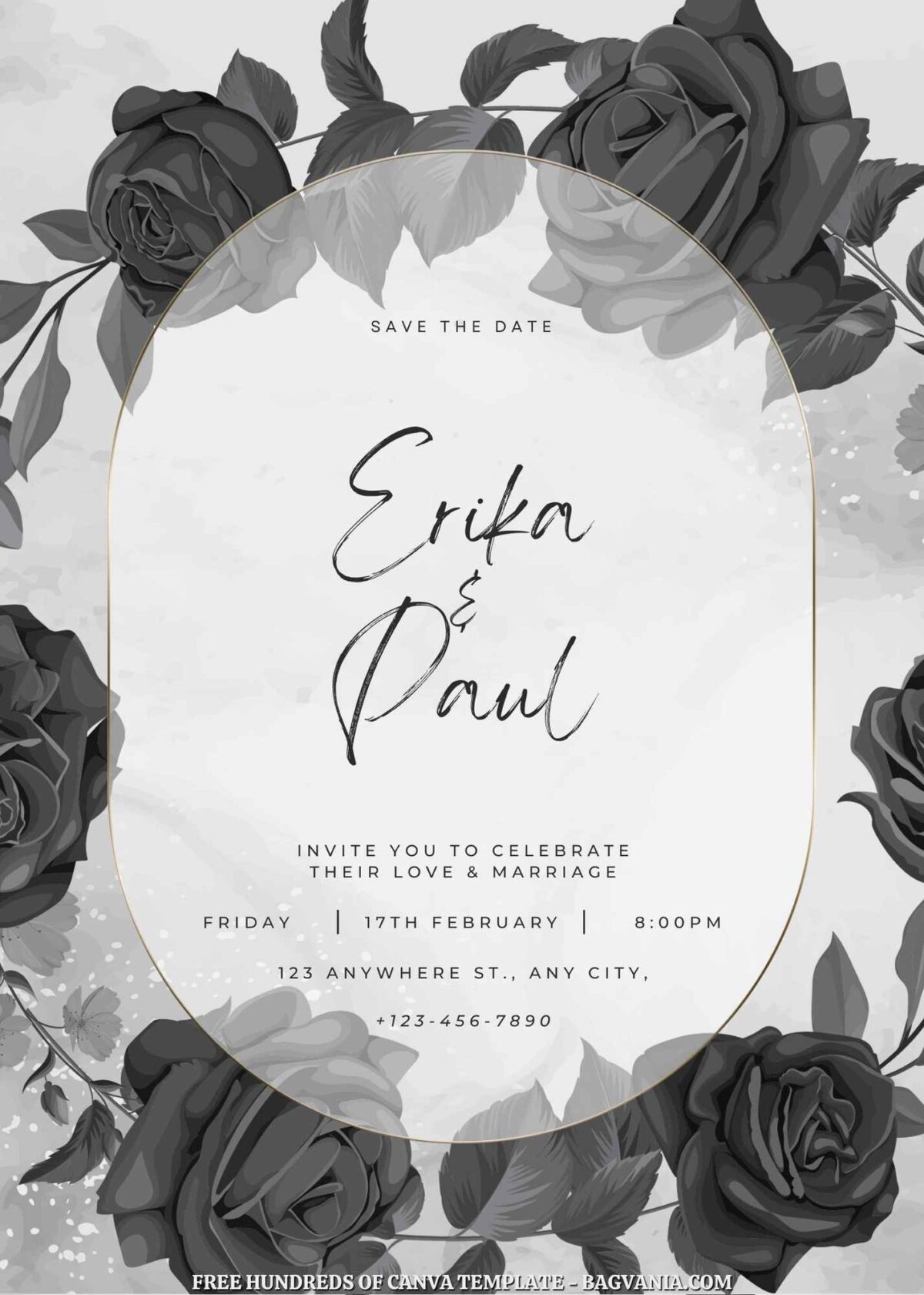 Free Editable Roses White Black Wedding Invitation