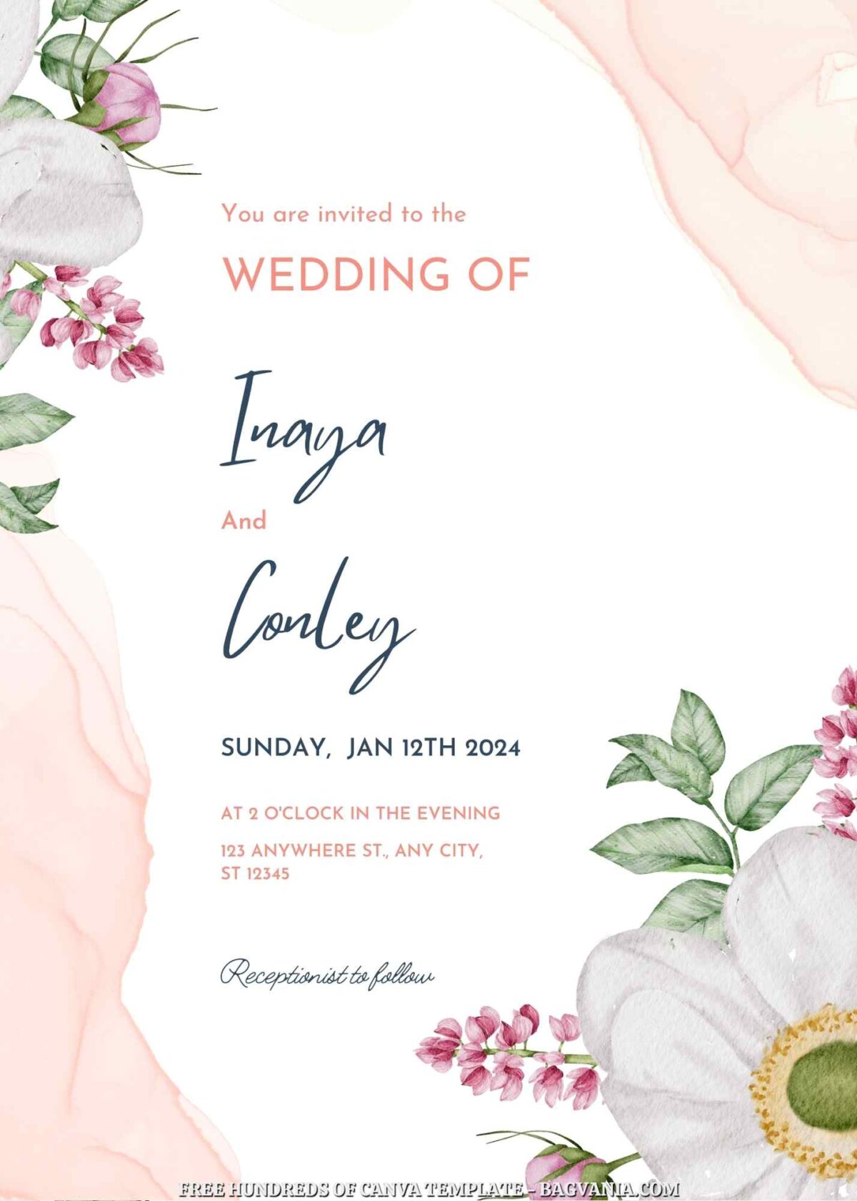 Free Editable Pink Floral Watercolor Wedding Invitation