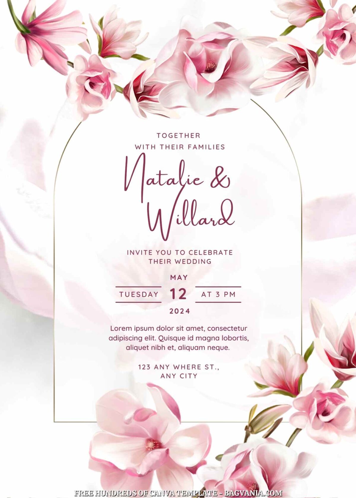 Free Editable Magnolia Pink Floral Wedding Invitation
