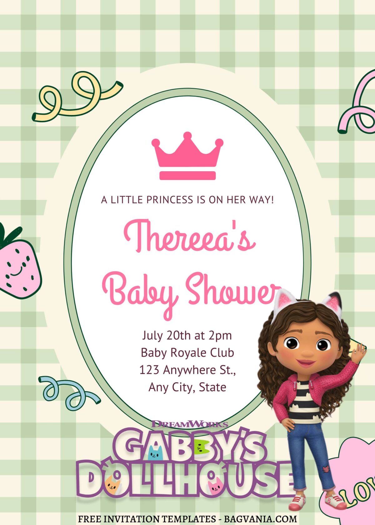 7+ Gabby Dollhouse And Her Furry Friends Canva Birthday Invitation Templates with Hand drawn Strawberry
