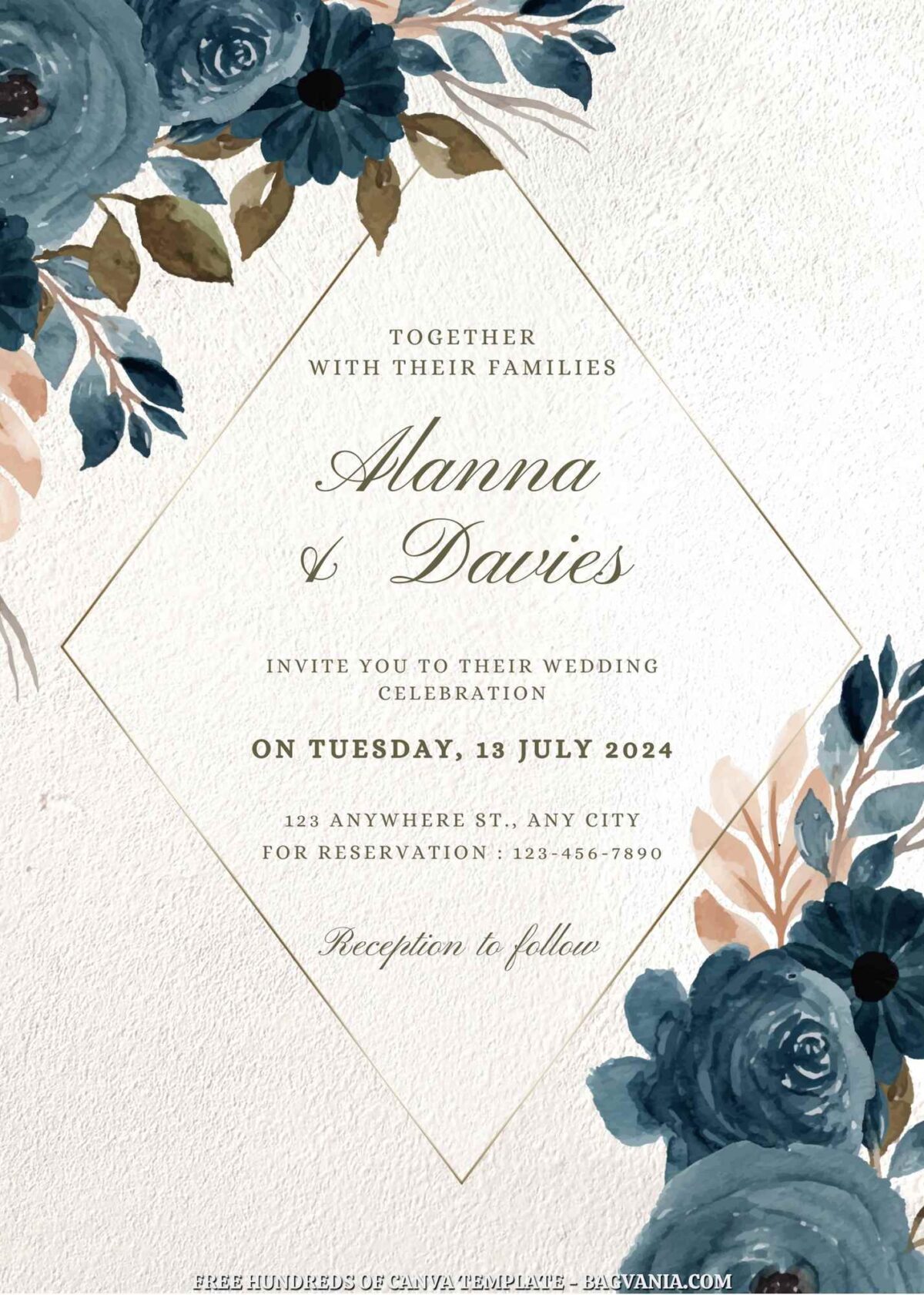 Free Editable Blue Floral Illustration Wedding Invitation