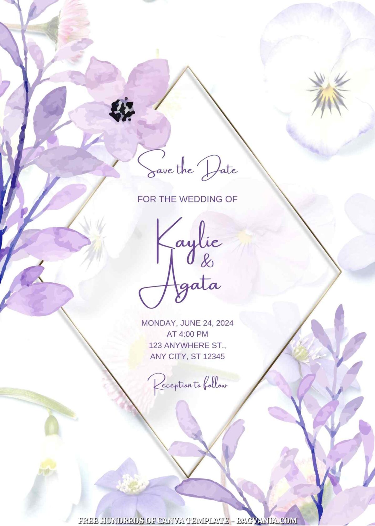 Free Editable Purple Spring Floral Wedding Invitation