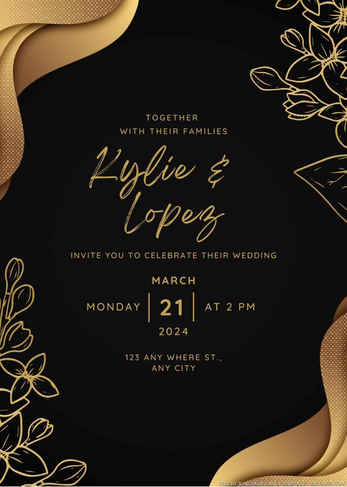 Free Editable Golden Floral Border Wedding Invitation