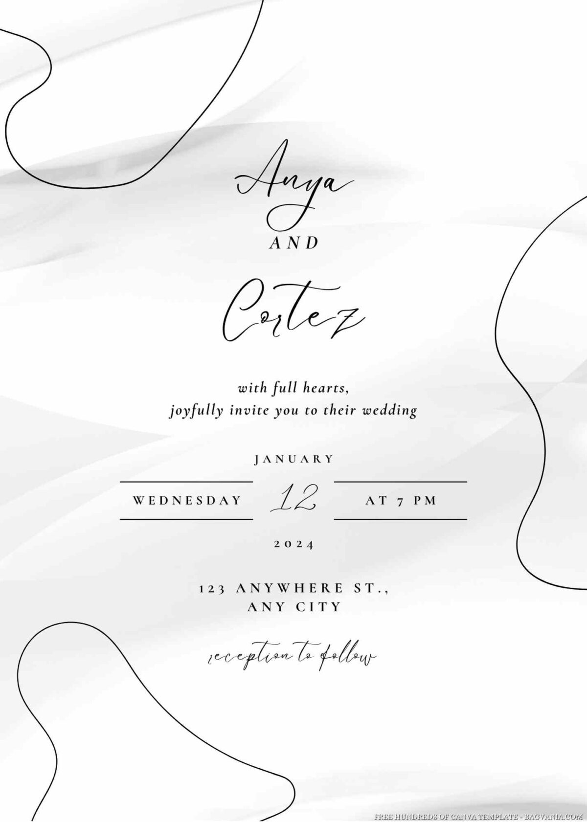 Free Editable Floral Shape Line Art White Wedding Invitation
