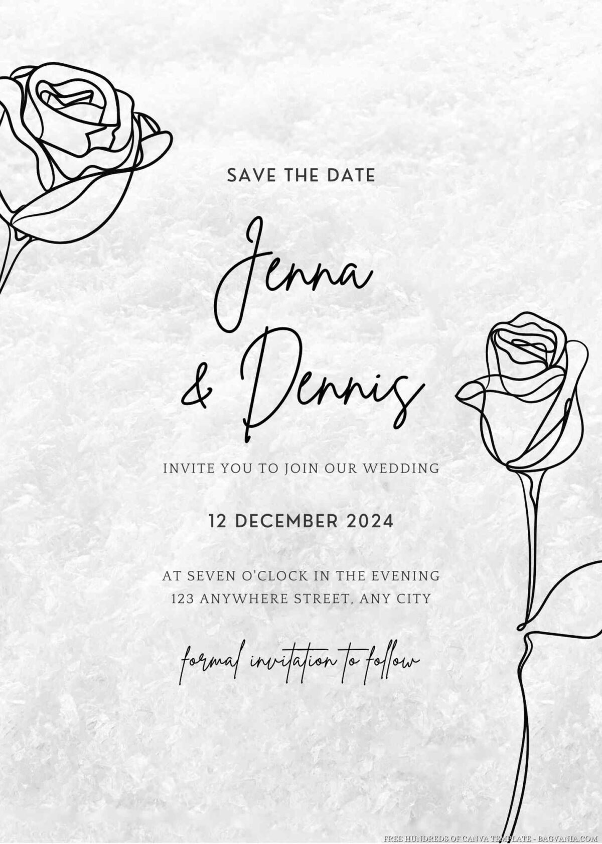 Free Editable Rose Line Art White Wedding Invitation 