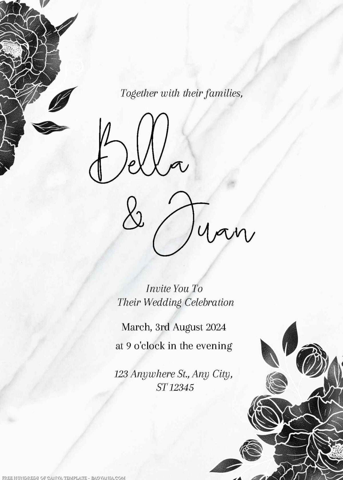 Free Editable Black Peony Bouquet Wedding Invitation