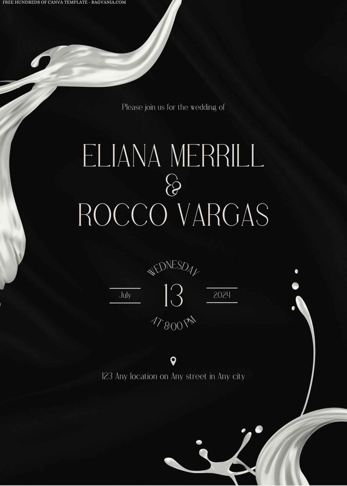 Free Editable Black Silk White Splashing Wedding Invitation