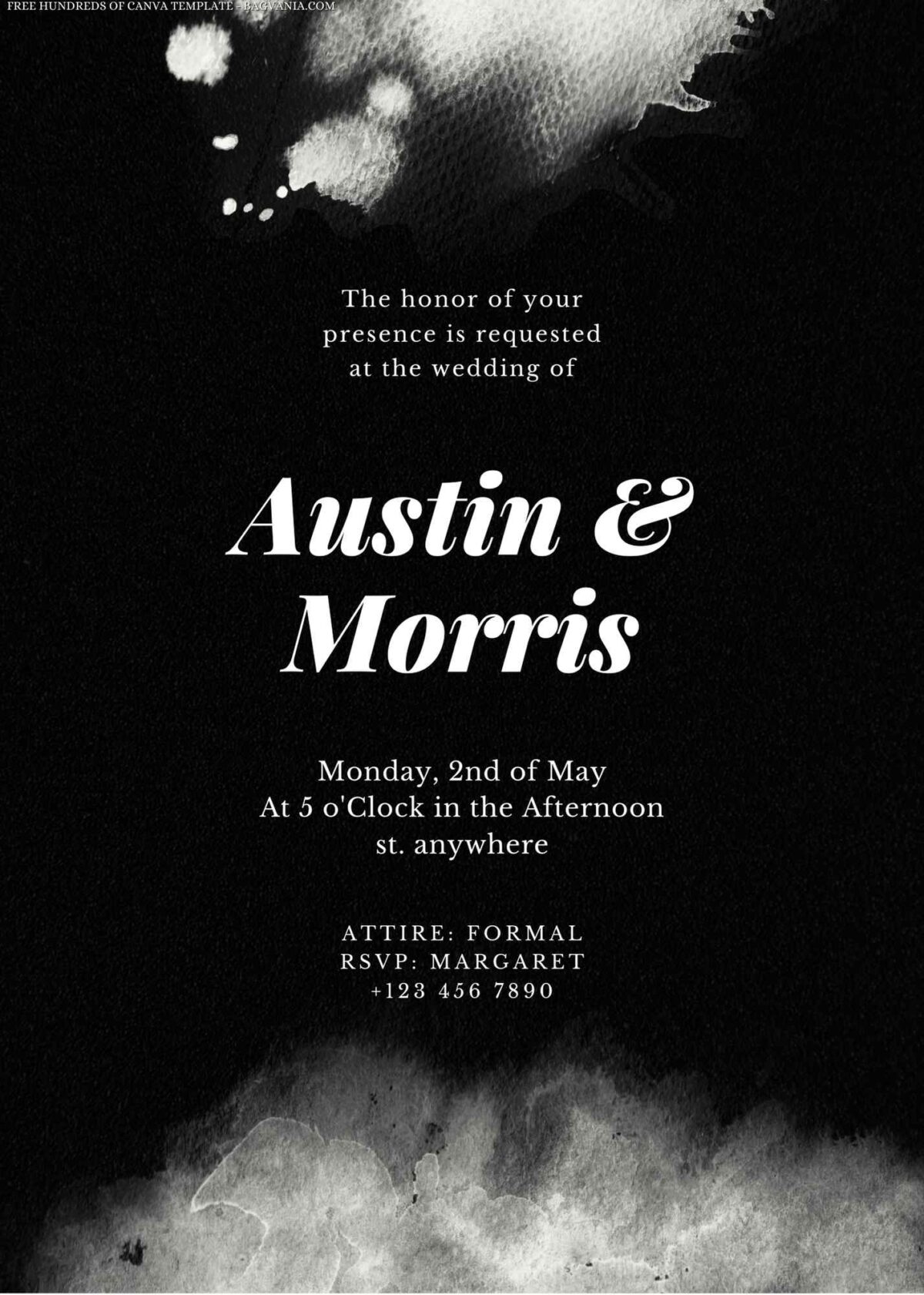 Free Editable Watercolor Stroke Black White Wedding Invitation