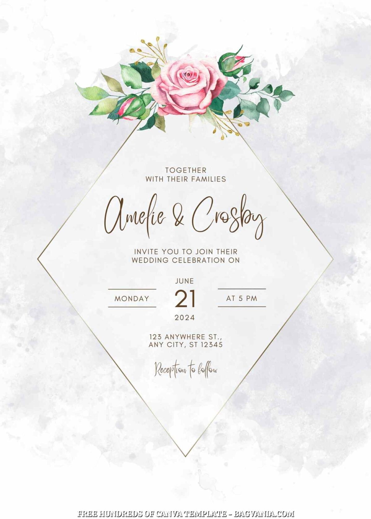 Free Editable Gray Pink Floral Watercolor Wedding Invitation