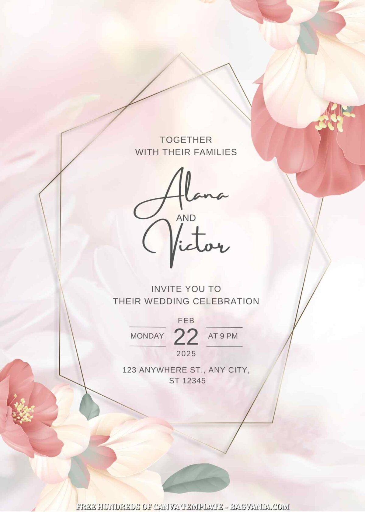 Free Editable Pink Japanese Quince Floral Wedding Invitation