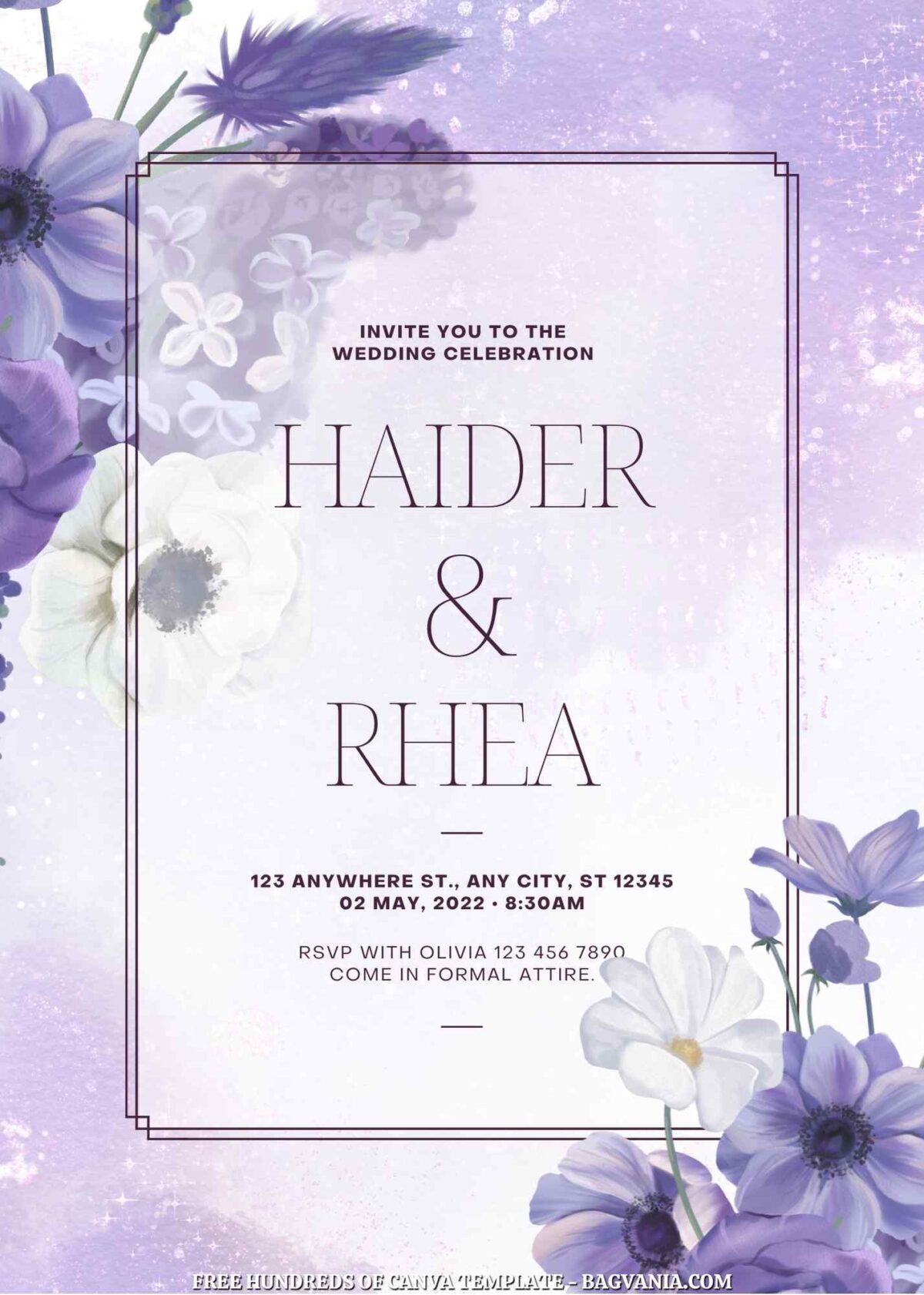 Free Editable Dark Purple Floral Wedding Invitation