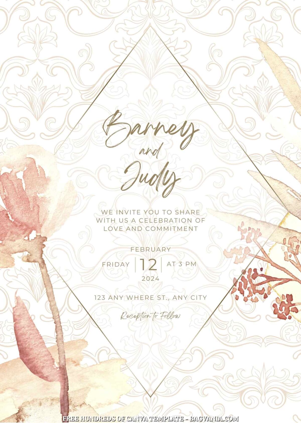 Free Editable Brown Floral Watercolor Wedding Invitation