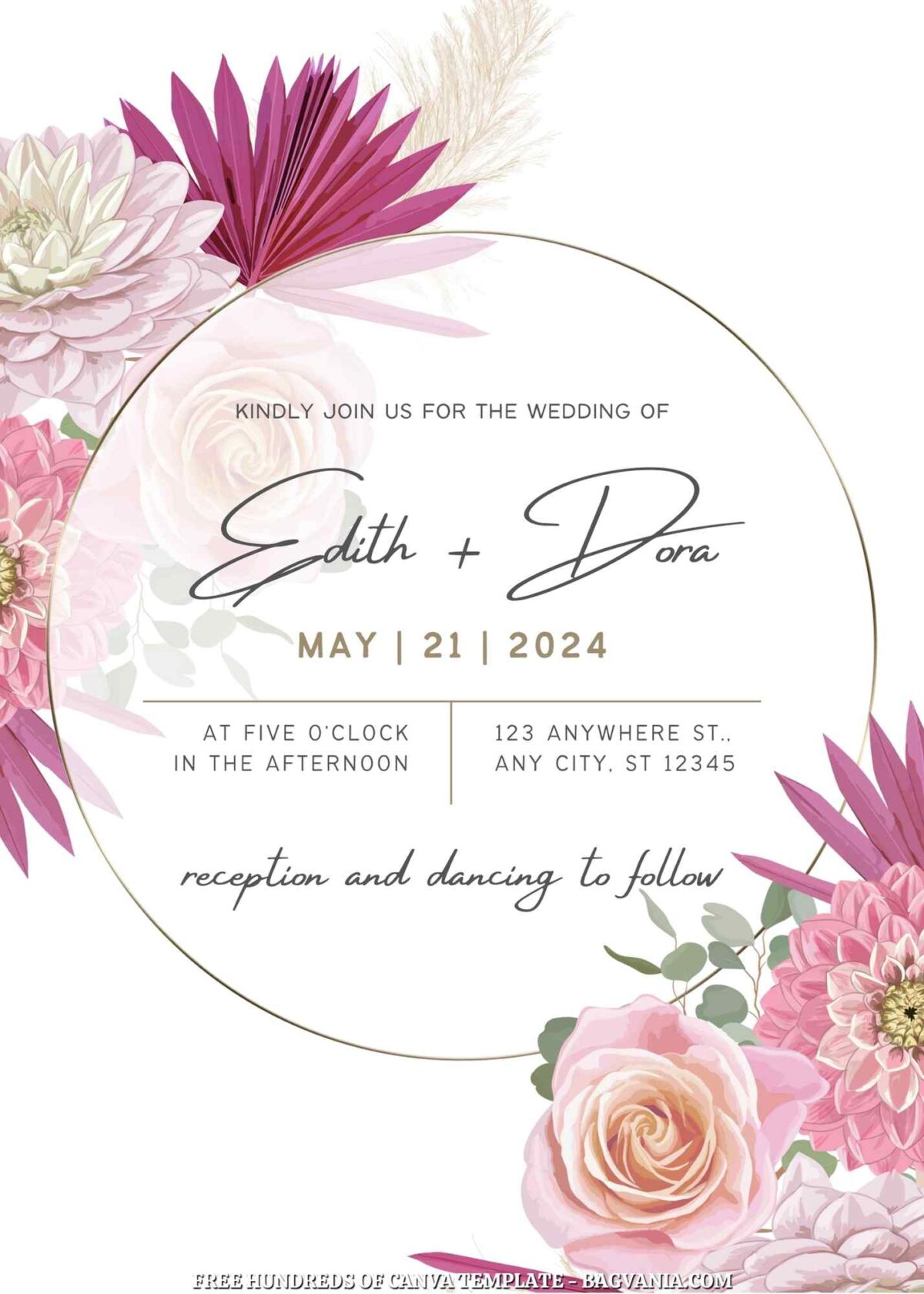 Free Editable White Dry Pink Floral Wedding Invitation