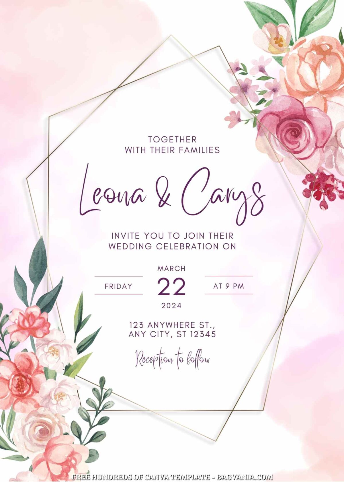 Free Editable Pink Flower Arrangement Wedding Invitation
