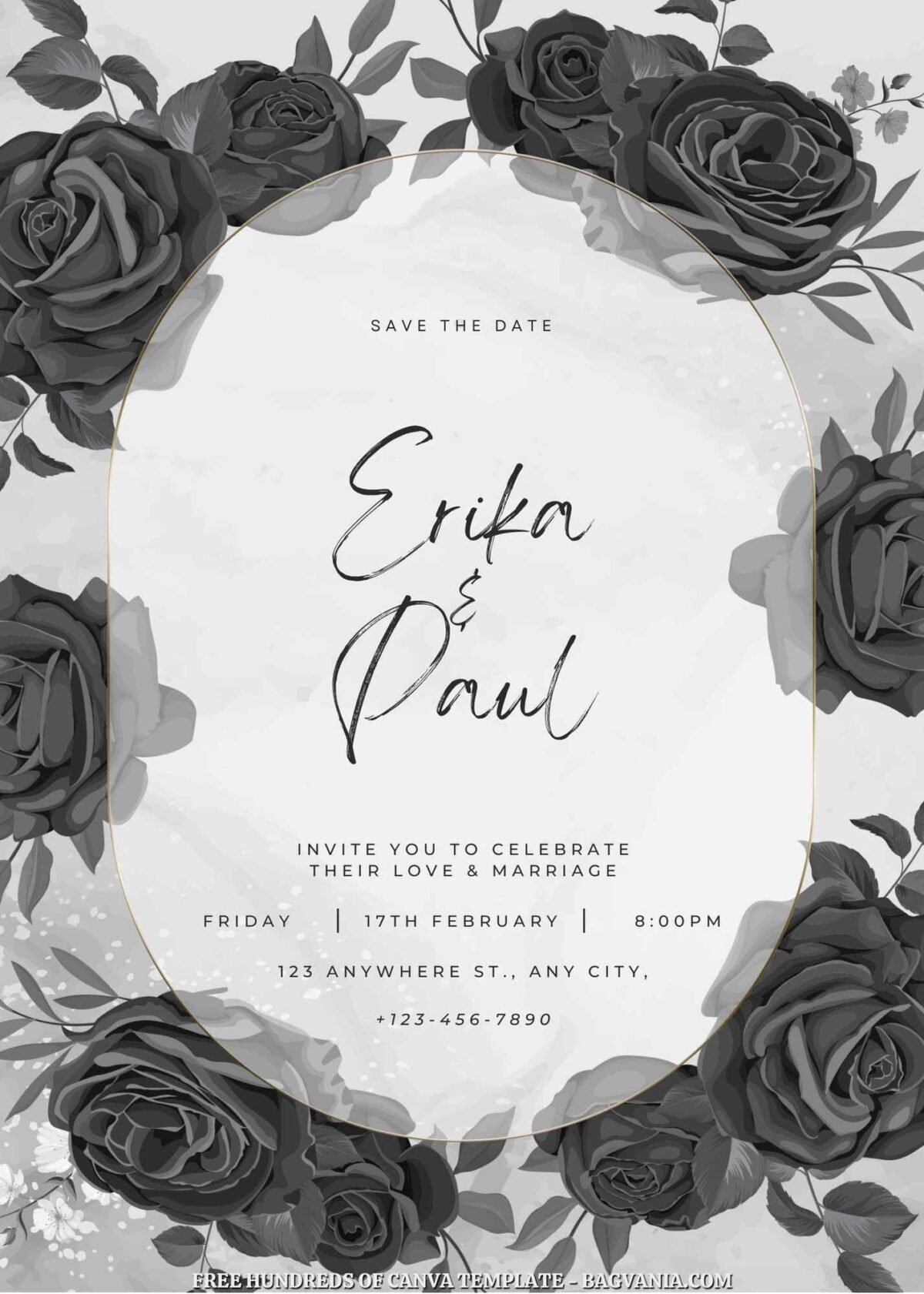 Free Editable Roses White Black Wedding Invitation