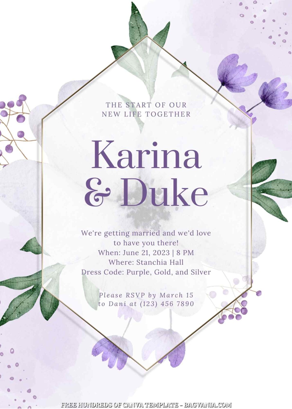 Free Editable Purple Floral Bouquet Wedding Invitation
