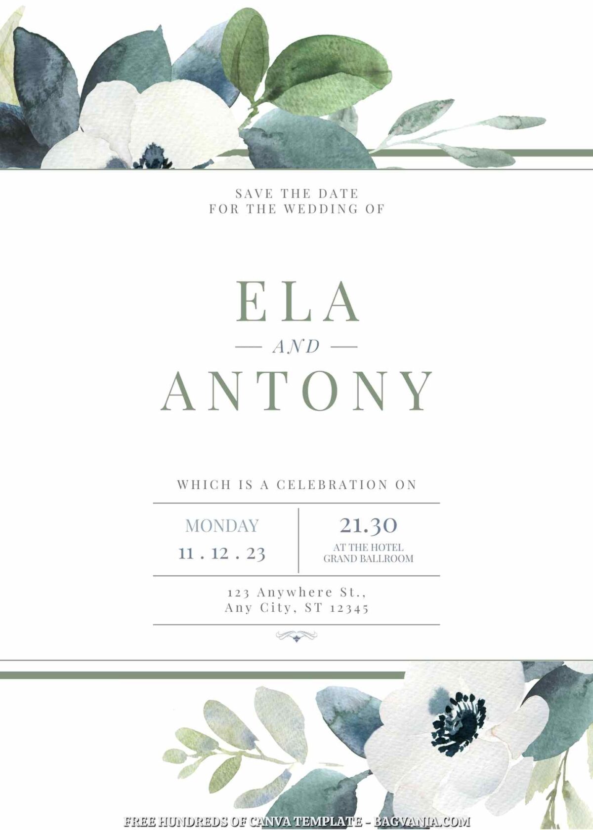 Free Editable Rectangle Watercolor Floral Wedding Invitation