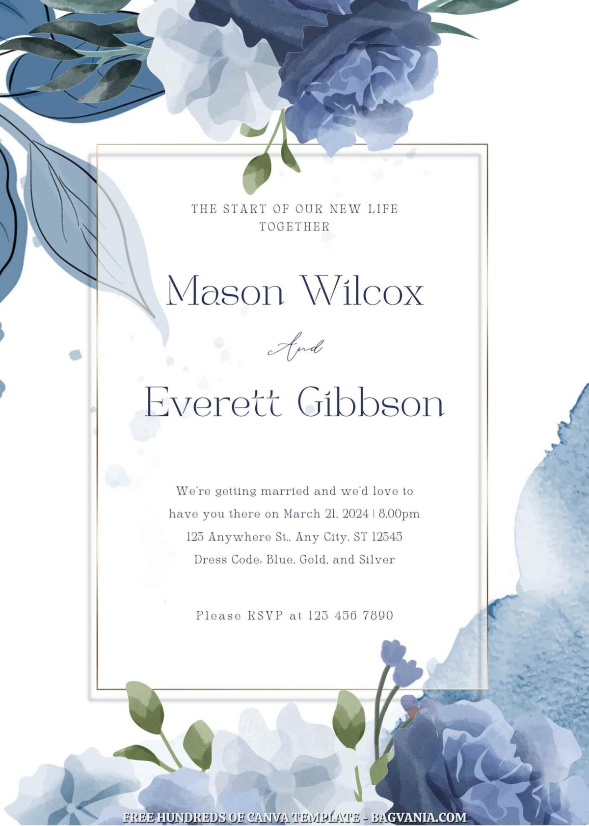 Free Editable Blue Floral Bouquet Wedding Invitation