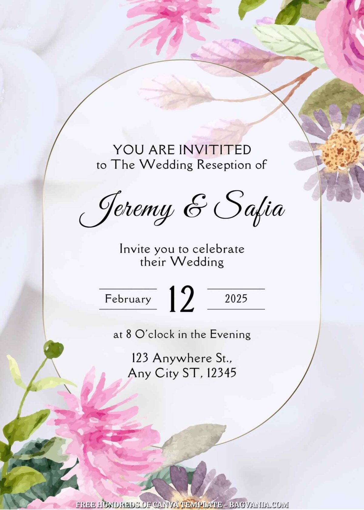 Free Editable Pink White Floral Watercolor Wedding Invitation