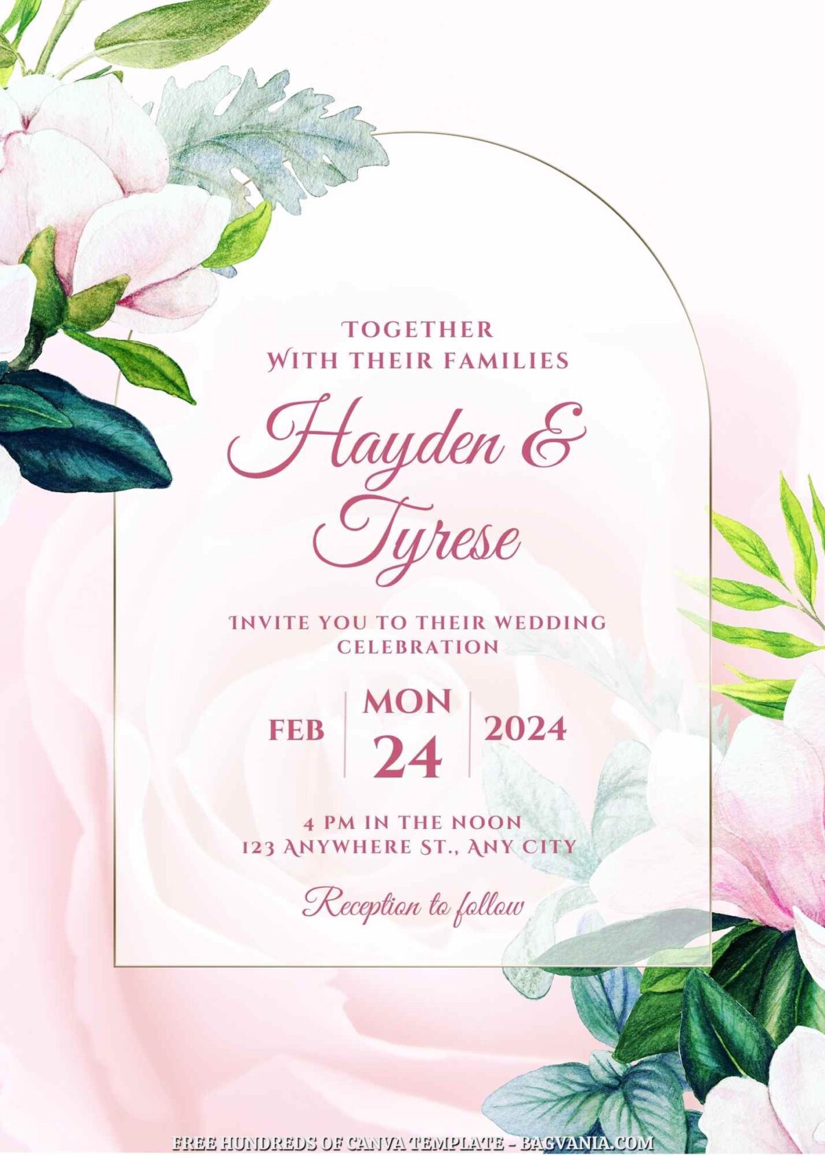 Free Editable Pink Magnolia Flower Wedding Invitation