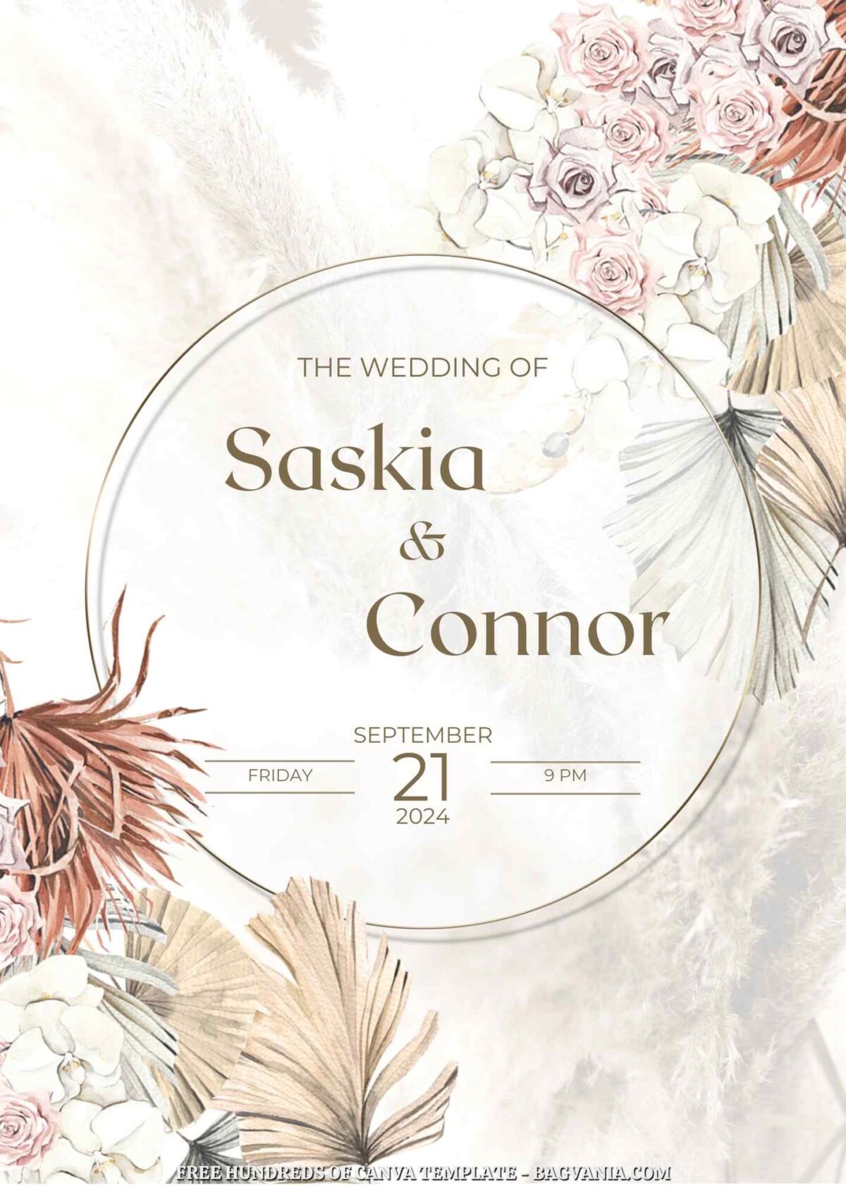 Free Editable Boho Dried Floral Watercolor Wedding Invitation