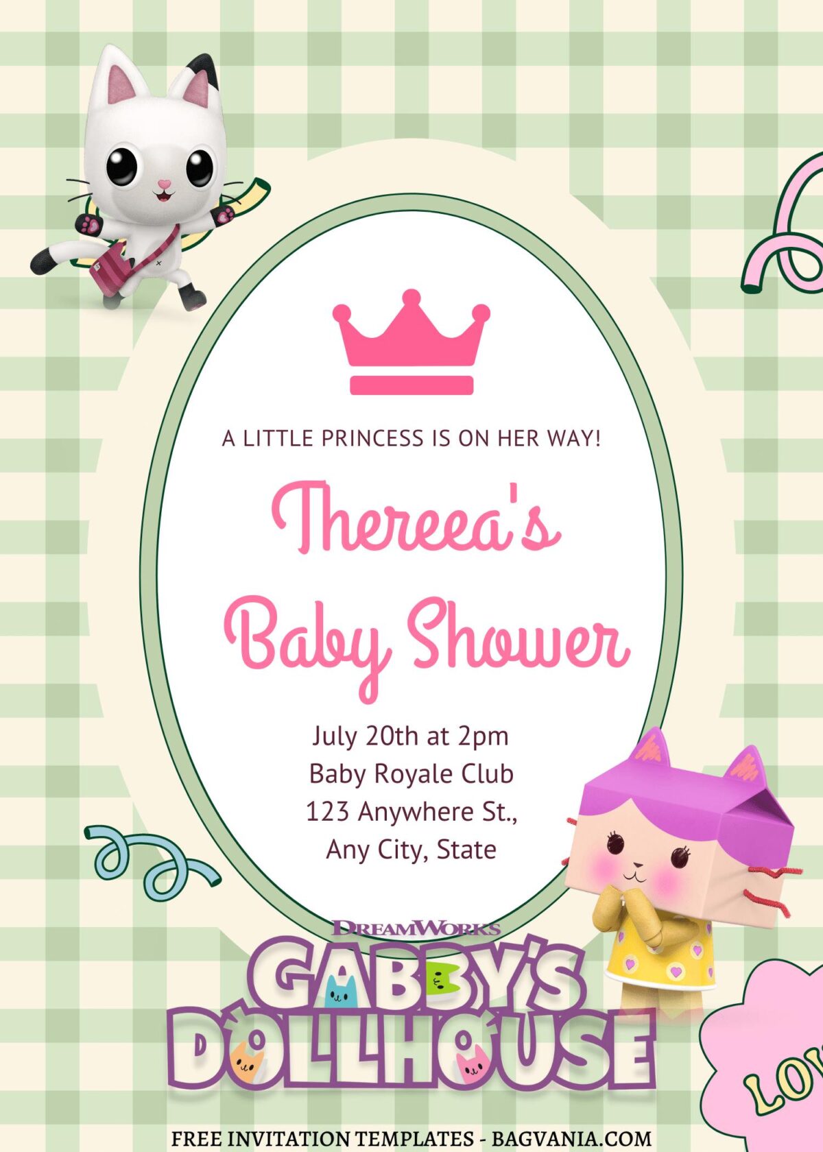 7+ Gabby Dollhouse And Her Furry Friends Canva Birthday Invitation Templates with beautiful gingham background