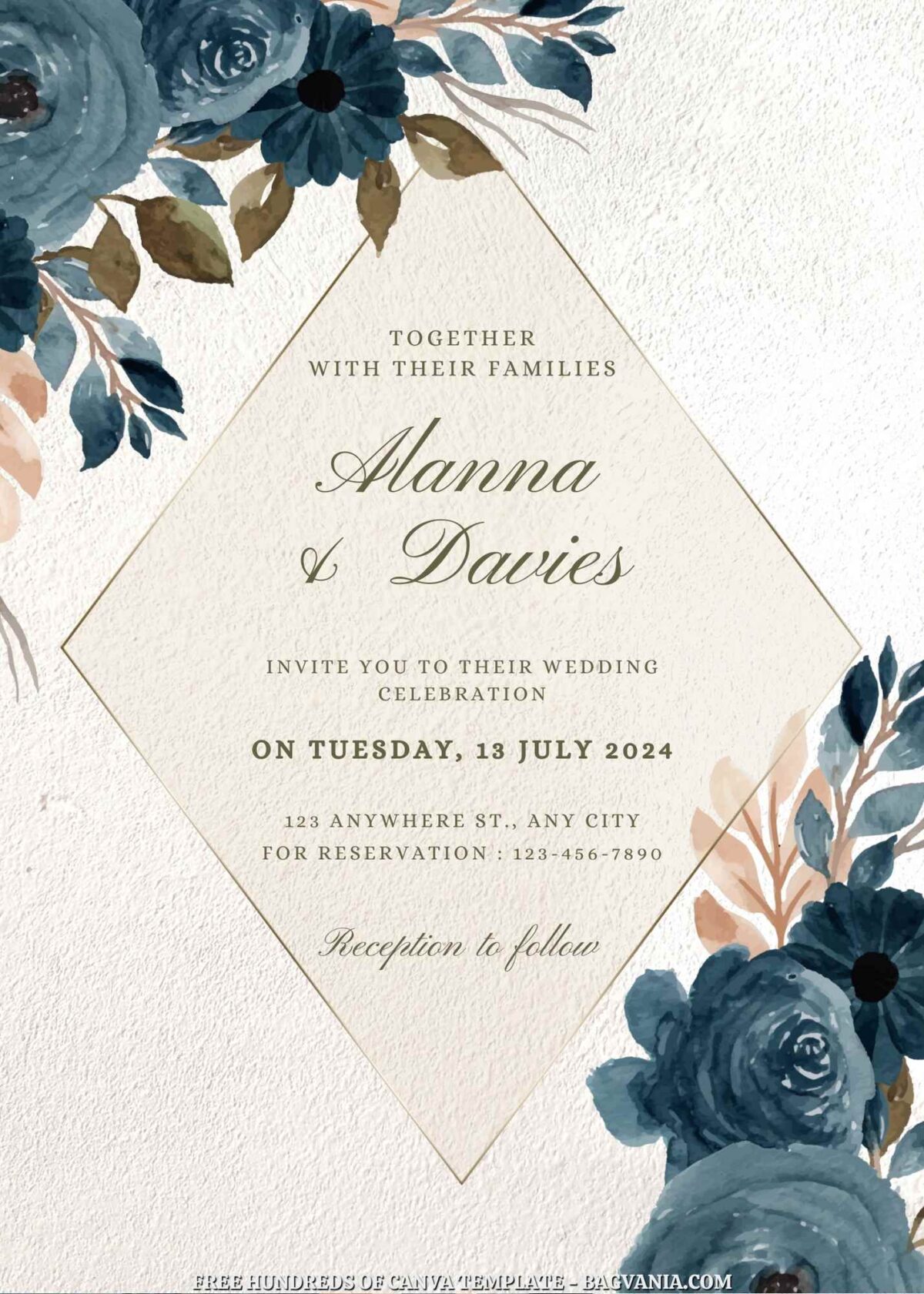 Free Editable Blue Floral Illustration Wedding Invitation