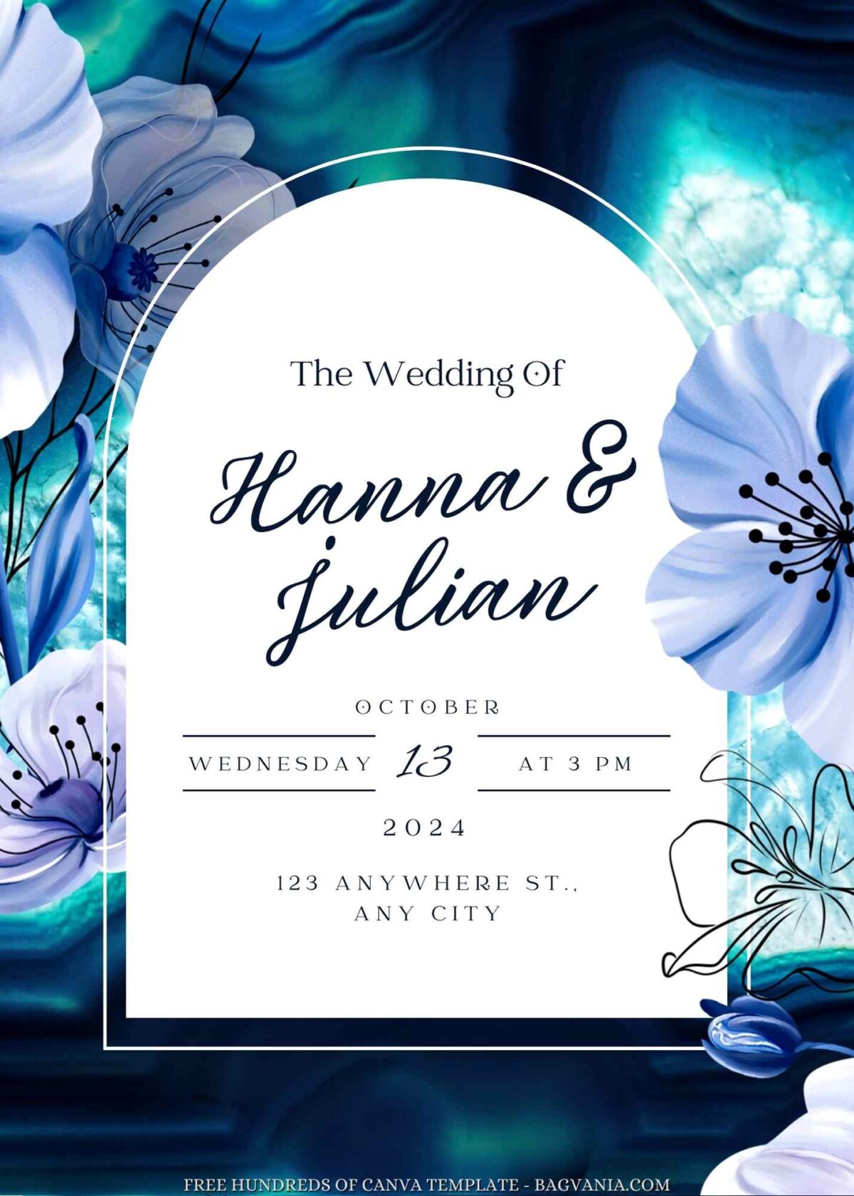 Free Editable Watercolor Blue Flower Wedding Invitation 